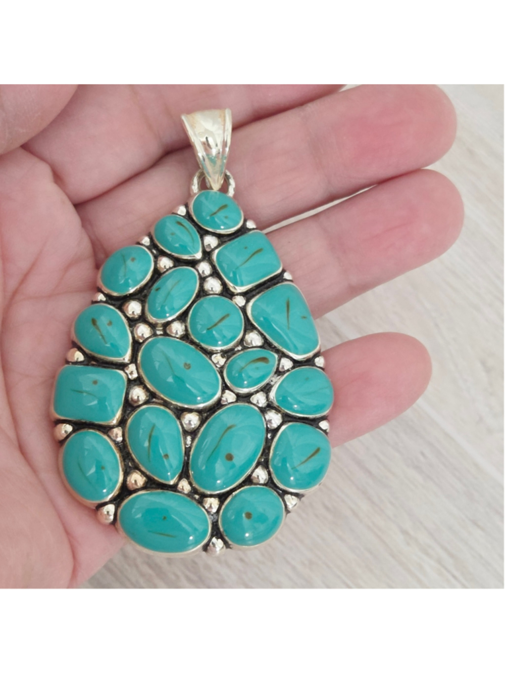 Women's Signed "Best" Turquoise and Silver Tone Teardrop Pendant Necklace